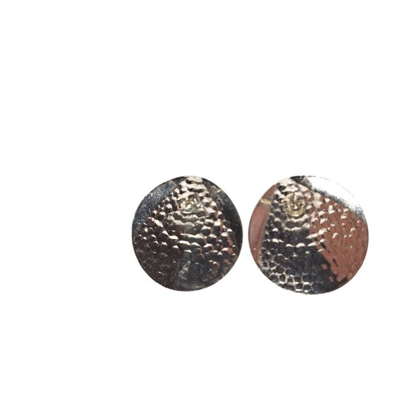 Silver Tone Hammered Earrings Round Textured Disc Folded Overlay Artisan Jewelry - Picture 2 of 3